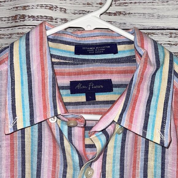Alan flusser Shirt Mens Size large linen blend striped Button Up long sleeves - Picture 3 of 8